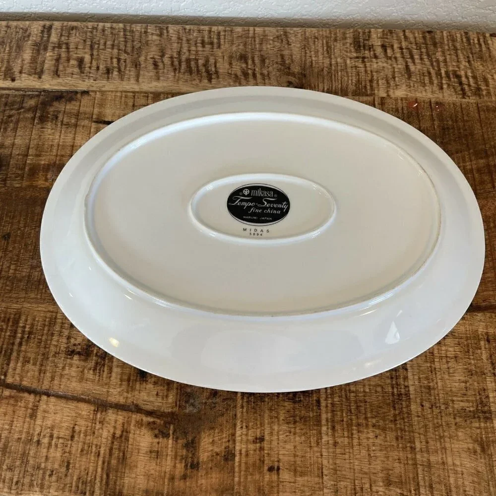 MIKASA Tempo Seventy MIDAS 5894 Oval Platter 11x15” White Gold Trim Plate